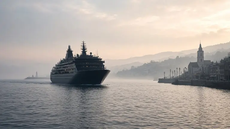 Vas de croazieră într-un port învăluit în ceață, în lumină gri