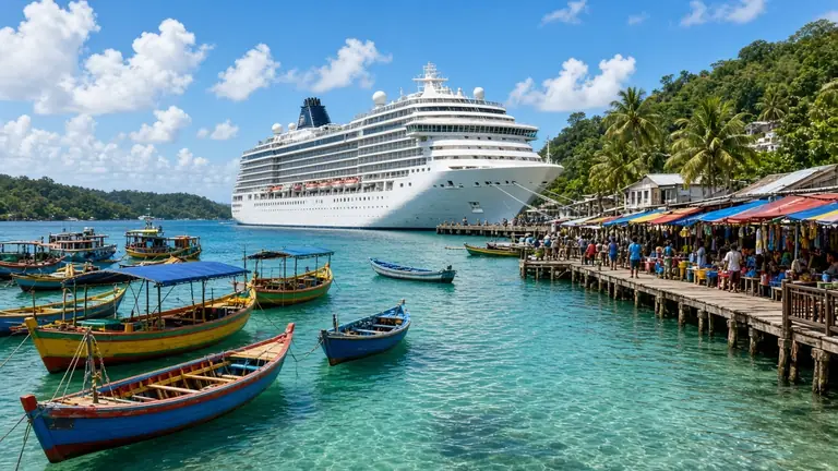 Port tropical cu bărci colorate, tarabe și un vas de croazieră ancorat